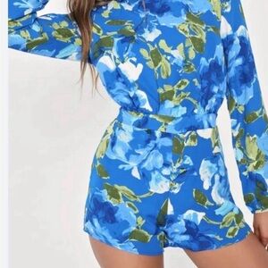 Lulu's Blue Floral Long Sleeve Romper